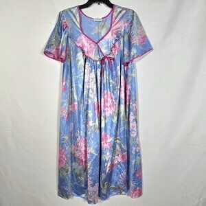 VTG Lorraine Nightgown Housedress SZ XL Blue Floral Short Sleeve V Neck Silky